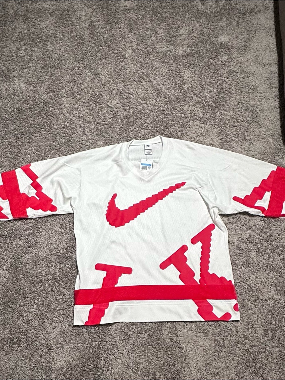 Nike White Mesh Jersey with Red Swoosh & Graphic Accents